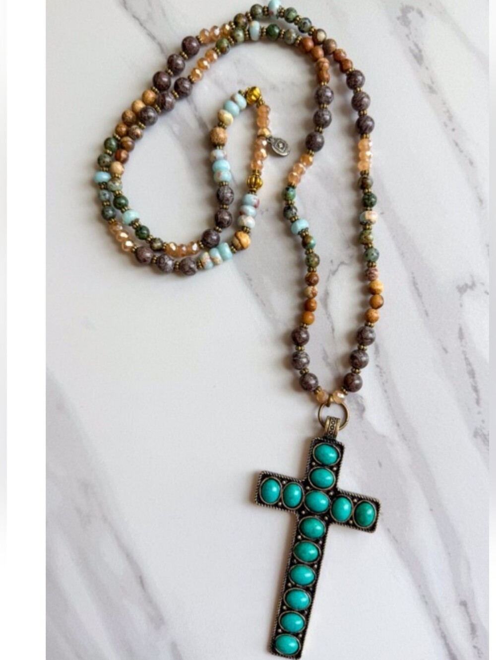 PB#21 The GENESIS Necklace Beaded Turquoise Cross 30in
